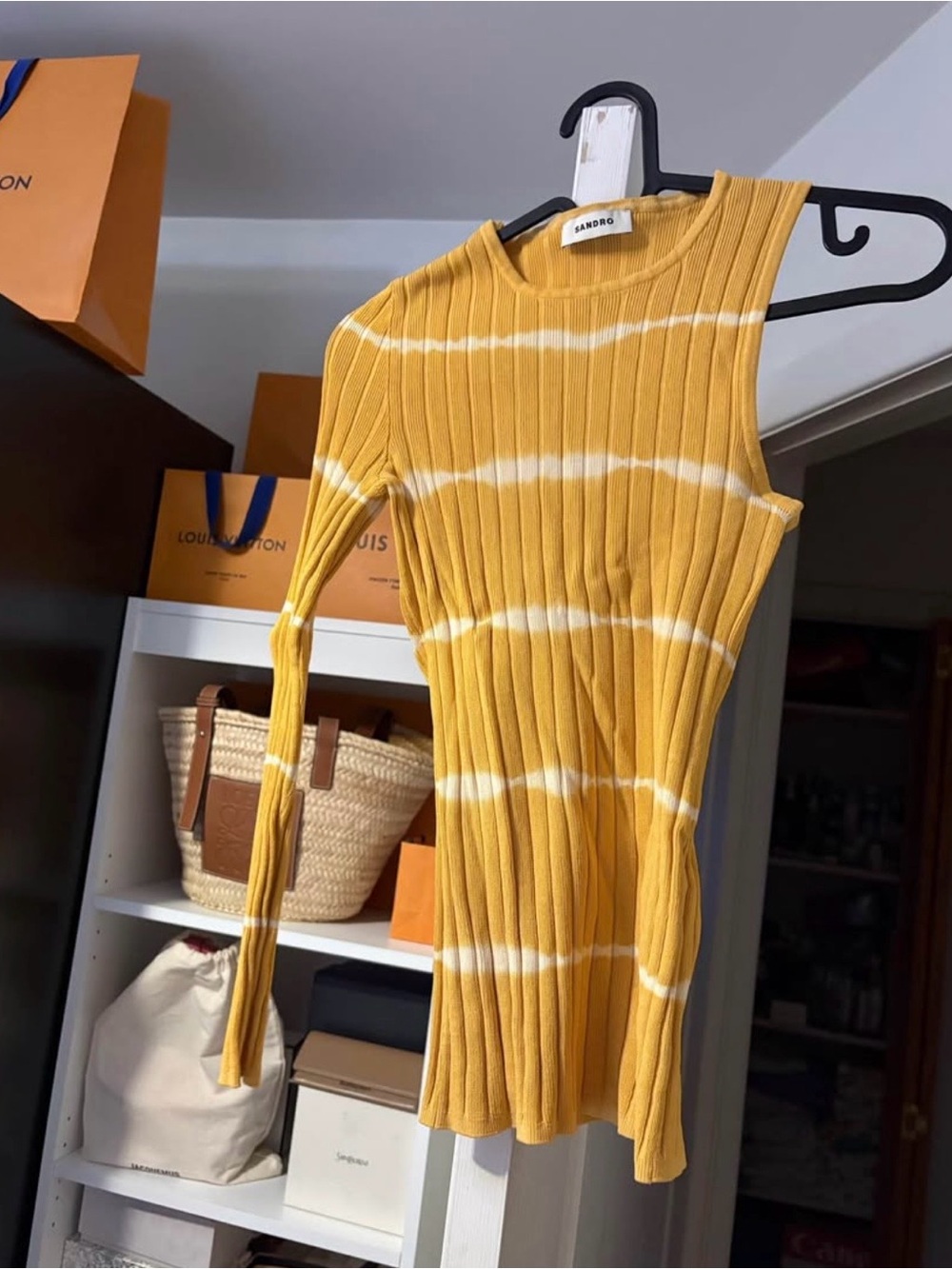 Sandro Mustard Ribbed One-Shoulder top with White Stripe